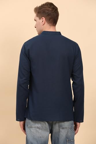 Image of Amazon Brand - Anarva Men's Cotton Linen Solid Kurta Long Sleeves Wooden Button Regular Casual Shirt