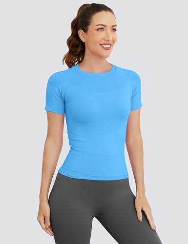 Image of MathCat Short Sleeve Workout Tops for Women, Seamless Women's Compression Shirt, Yoga Running Athletic Shirts Soft Gym Tops