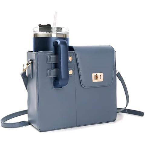 JHhomezeit Crossbody Water Cup Storage Bag Leather Crossbody Purse with Sports Water Bottle Pocket for Women Cup Holder Bag for Outdoor Blue Cover