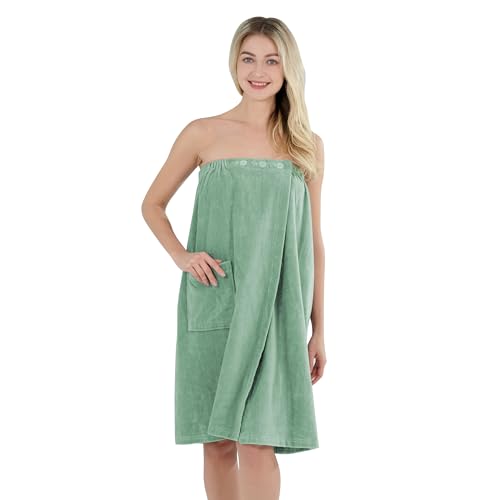 Winthome Toalla de sauna para mujer 100 % algodón suave, toalla de sauna para mujer con botón, albornoz absorbente, ajustable en 3 capas, bolsillos, toalla de sauna, ducha, playa (verde menta, 80 x