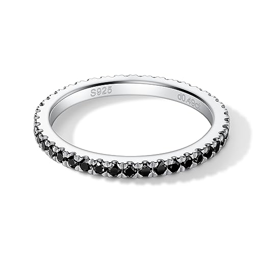 Ladylike Black Moissanite Rings for Women Sterling Silver Wedding Bands Full Eternity Rings 18K White Gold Plated Stackable Lab Created Diamond Engagement Anniversary Ring Size 7.5