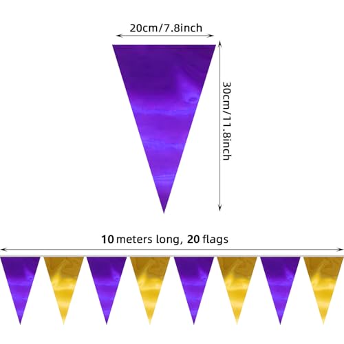 Image of 130FT Purple Gold Triangle Pennant Banner Flag Metallic Fabric Bunting Garland for Christmas Graduation Wedding Engagement Anniversary Bachelorette Birthday Bridal Shower Valentines Hen Party Supplies
