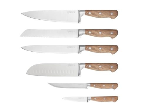 Bjorn KK-JA-SI26 JAKOB Set de 6 Cuchillos de Cocina, Acero Inoxidable Satinado con Mango de Madera de Acacia, Colección NUDE, Incluye Cuchillo Pelador, Multiusos, Santoku, Rebanar, Pan y Chef