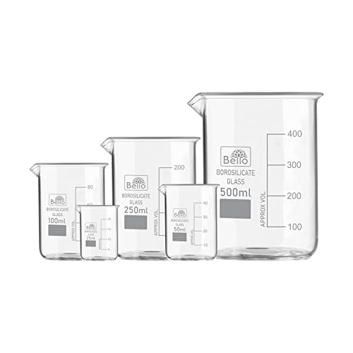 Bello Borosilicate 3.3 Glass Beaker 25ml, 50ml, 100ml, 250ml, 500ml with Graduation Marks, Set of 5 Beakers for school collage chemistry lab laboratory