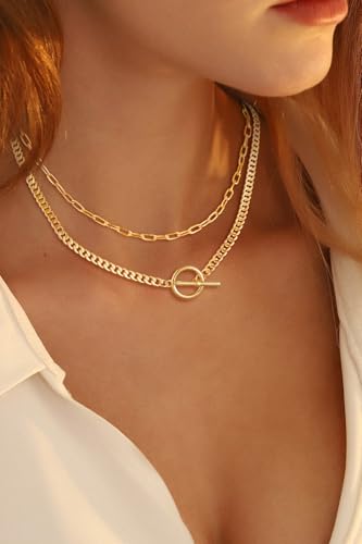 Gold Layered Necklaces for Women, 14K Gold Silver Chunky Chain Necklace Trendy Cuban Link Paperclip Chain Toggle Clasp Dainty Necklace Stacks Non Tarnish Jewelry for Women2