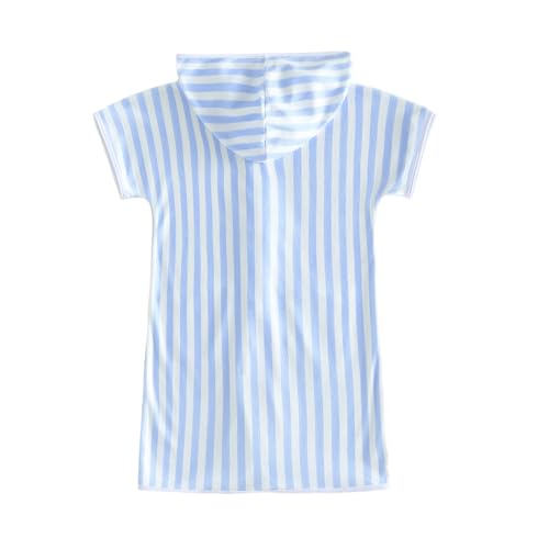 Image of Girls Boys Hooded Terry Coverups One Piece Swimsuits Summer Striped Trim Zip Up Short Sleeve Swim Cover Up Beachwear