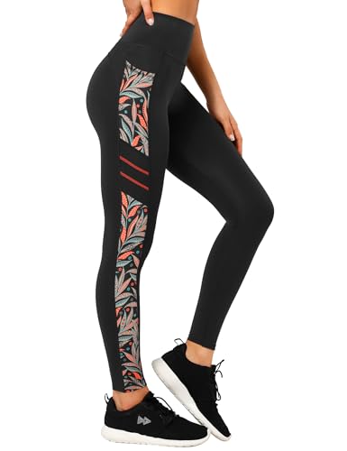 Yvette Leggings de Sport Femmes Opaque Taille Haute Pantalon Imprimé de Yoga Non Transparent Doux avec Poches Jogging Fitness Pilates,Noir Orange,M