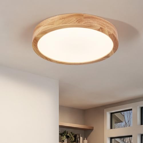 Image of 11.8 Inch Wood LED Flush Mount Ceiling Light 4500K | Modern Style, Acrylic Lampshade, Not Dimmable, Ceiling Light Fixture for Bedroom Kitchen Hallway Living Room