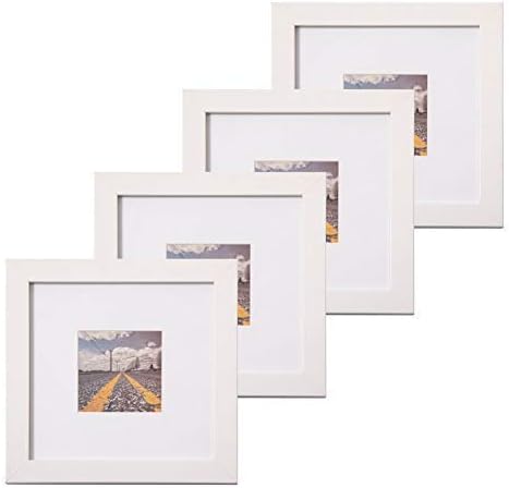 Muzilife 8x8 Wood Picture Frame Flat Set of 4 Display Pictures 4x4 with Mat or 8x8 Without Mat (White)