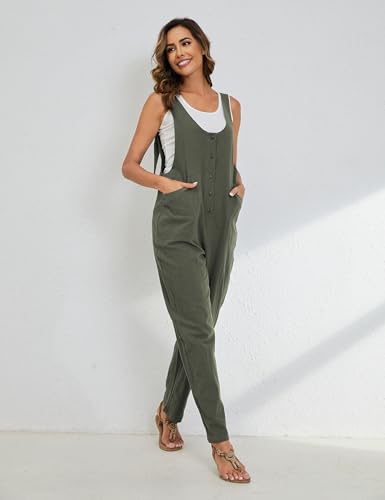 Image of Yeokou Womens Overalls Linen Cotton Jumpsuits Loose Casual Jumpers with Pockets