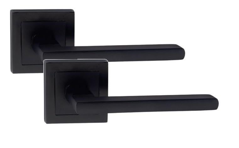 Golden Grace Leon Design Straight Door Handles on Square Rose in Matt Black Finish, 1 Pair - 52mm x 52mm Backplate