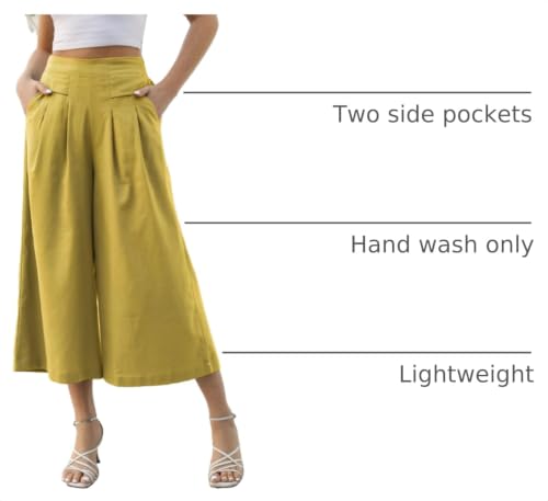 Image of Gihuo Culottes for Women Linen Wide Leg Gauchos Capri Palazzo Pants | Cotton Linen Pants,Flowy Pants,Women's Culottes,Cropped Pants,Elastic Waist Trousers with Pockets