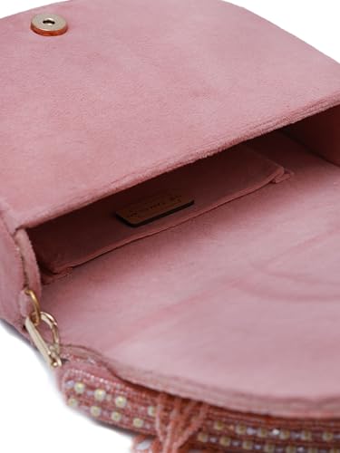 Image of THE TAN CLAN Kavya Beige Flap Over Bag Clutch Purses Luxury Evening Handbags with Handle