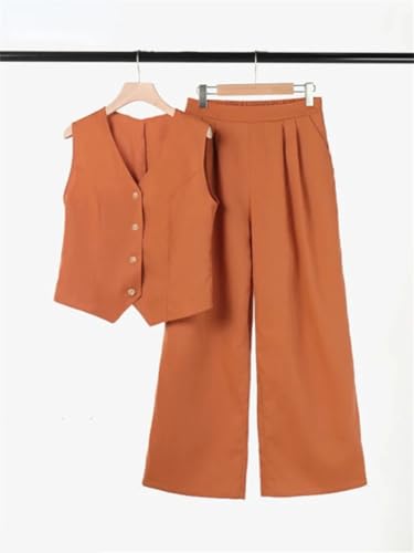 Women Fashion Solid Color V-Neck Button Sleeveless Vest Tops Wide Leg Pants 2-Piece Set4