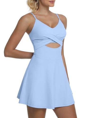 MathCat Womens Tennis Dress for Women with Built in Shorts and Bra Womens V Neck Golf Athletic Dress with Pockets (US, Alpha, Medium, Regular, Regular, Sky Blue)