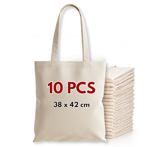 Cotton Tote Bags Bulk Shopping Bag Cotton Bags Multipack 100% Cotton Canvas Reusable Grocery Cloth Bag Extra Strong Long Handle Double Stitched Ideal for Printing 5 10 20 pack (10 Natural)