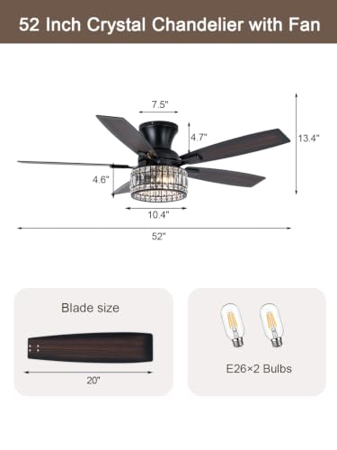 Image of 52 Inch Flush Mount Crystal Ceiling Fan with Lights and Remote | Farmhouse Fandelier Ceiling Fan Rustic Chandelier for Bedroom Living Room, 5 Dual Blades 2 E26 Sockets Reversible 6 Speeds
