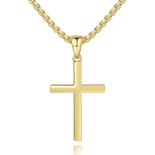Gold Cross 14K Gold Cross Necklace for Men Crosses Pendant Necklaces for Men Crosses Chain Necklaces for Mens Simple Plain Lines with Smooth Polished Shinny Flat Box Chain Necklace Mens 20/22/24in