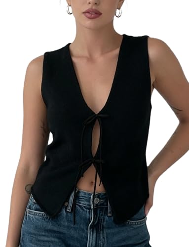 Image of Womens Vintage Knittd Tank Y2k Vest Crop Top Sleeveless V-Neck Open Front Button Crochet Knit Vests Versatile Tops