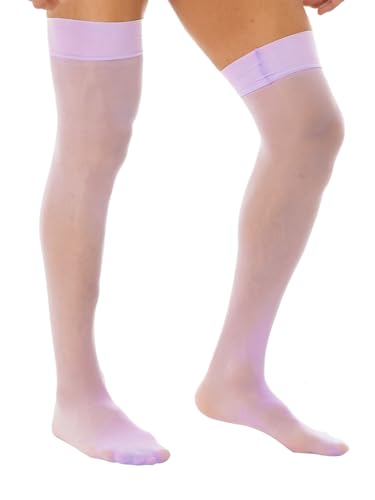 Men's Glossy See-through Stockings Thin Shiny Solid Color Stretchy Sheer Thigh High Socks Lavender One Size3