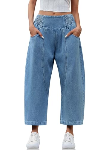 Cicy Bell Womens Wide Leg Cropped Jeans Baggy Boyfriend Smocked