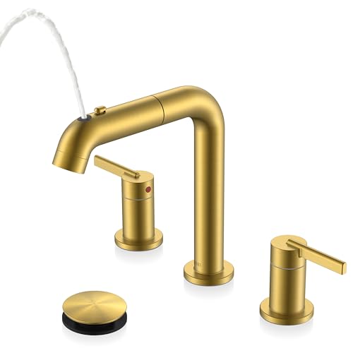 KENES Brushed Gold Pull Down Widespread Bathroom Faucet 2 Handle 3 Hole