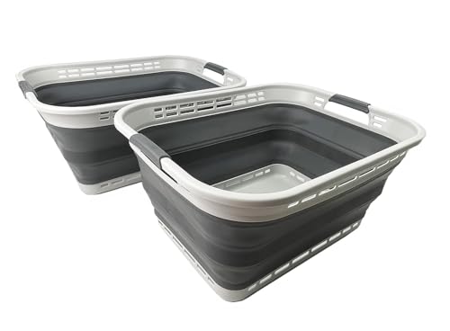 Image of SAMMART 42L (11 gallons) Collapsible Plastic Laundry Basket - Portable Pop Up Storage Container /Organizer - Portable Hamper - Space Saving Easy Storage (Grey /Steel Grey (Set of 2))