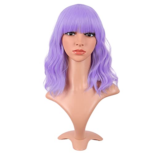 MapofBeauty 14 Inch/35 cm Short Wavy Curly Women Fresh Bright Synthetic Ordinary Flat Bangs Bob Wig (Light Purple)
