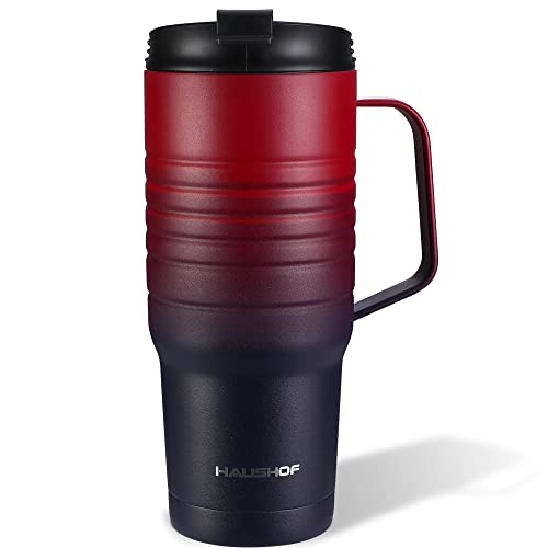 HAUSHOF 24 oz Travel Mug with Handle, Stainless Steel Vacuum Insulated Coffee Travel Mug, Double Wall Travel Mugs with Leakproof Lid, BPA Free Dark Ra