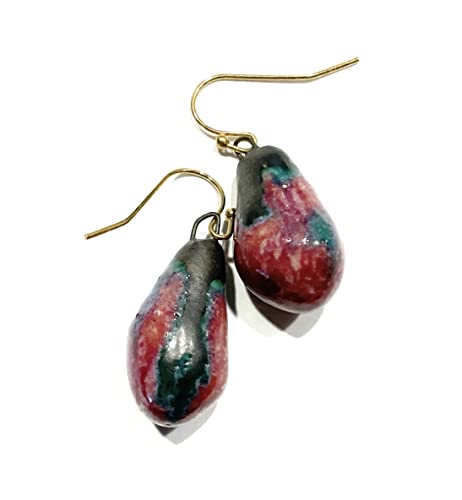 Burgundy Blue Porcelain Earrings, Organic Handmade Ceramic Earrings, 18 K Gold Filled Ear wire