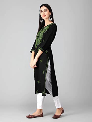 Image of Seva Chikan Hand Embroidered Lucknowi Chikankari Regular Straight Cotton Kurta Kurti for Women SCL4243