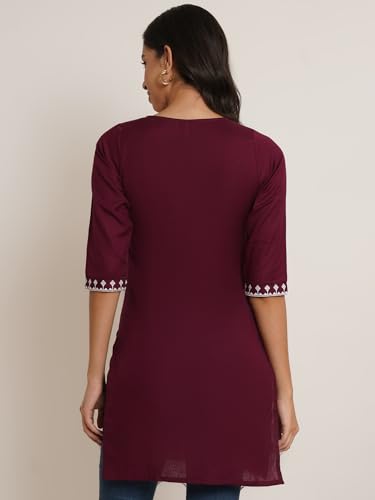 Image of Brownverse Pure Cotton Embroidered Women Short Kurti