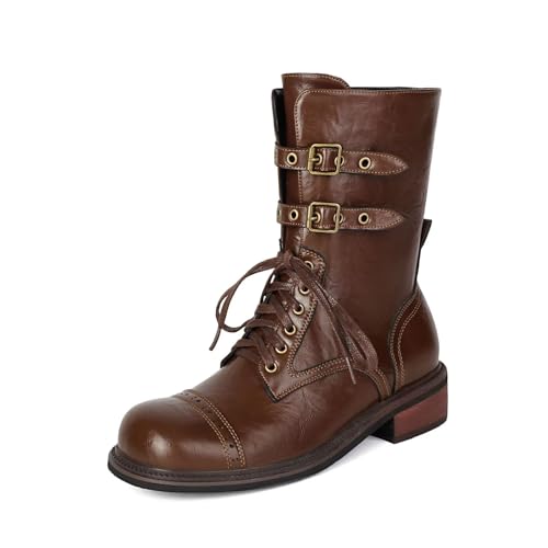 MFairy Botas de combate de salto baixo para mulher, botas militares vintage com atacadores à meia panturrilha, Castanho, 42 UE