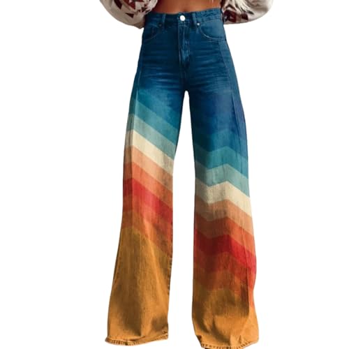 Women's Wide Leg Flared Jeans with Pockets, Vintage Floral Print, High Waist Loose Pants, Printed Ladies Jeans