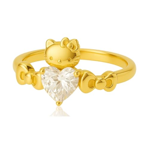 1.25CT White Simulated Diamond 925 Silver Anime Women Helo Kitty Inspired Ring In Yellow Gold Plated