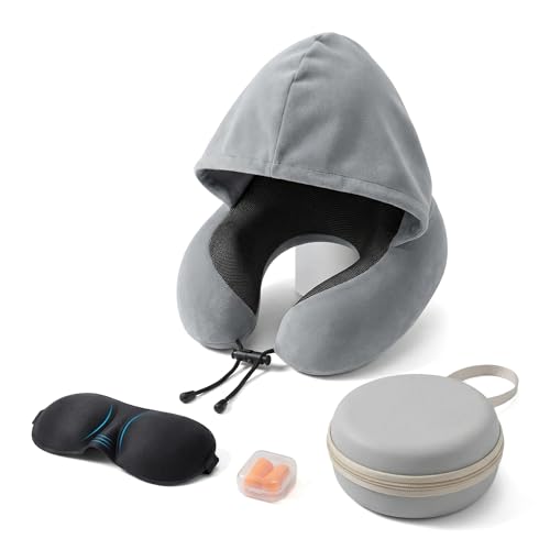 Sqqylvvor Travel Neck Pillow with Hood - Light-Blocking Gel-Infused Memory Foam Neck Support Adjustable Drawstring Portable for Airplane Car Train Includes Storage Bag Earplugs & Eye Mask