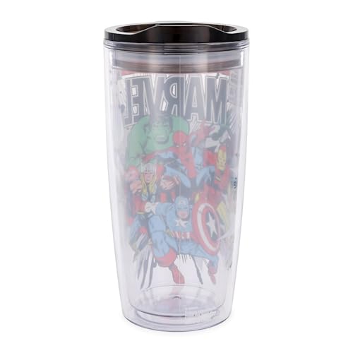 Silver Buffalo Marvel Avengers Featuring Spider-Man, Captain America, Thor, Hulk, and Iron Man Double Wall Travel Tumbler with Slide Close Lid, 20 Ounces