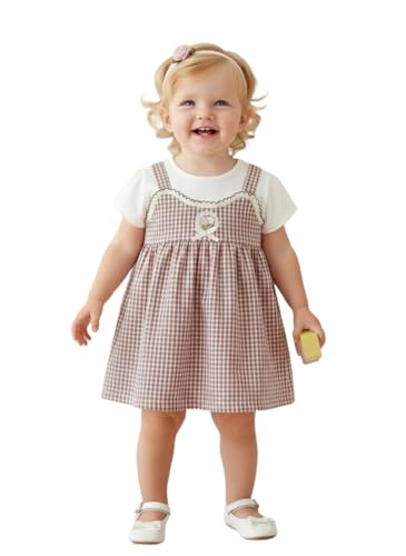 Image of A.T.U.N. (ALL THINGS UBER NICE) Baby Girls Checked Pinafore Style Dress with Inner Tee Short Sleeves | Soft Cotton Fabric | Decorative Front Bow Detail | Stylish Casual for Babies