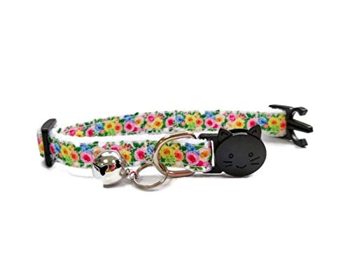 Floral Cat Collars with Bell. Safe, Quick Release Breakaway Buckle Available in Cat Size & Kitten Size. Various Designs Available - Muti Colour Floral