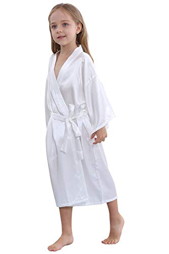Timsophia Kids Satin Floral Kimono Robe-Flower Girl Bath Robe For Wedding Party Gift (White1, 6#(Height 35.4-39.4 Inches / 3-5 Years)) #TOP1