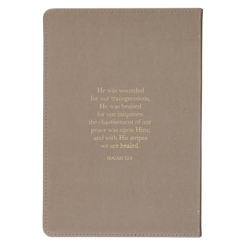 Image of Christian Art Gifts Classic Journal Amazing Grace Isa. 53:5 Bible Verse, Inspirational Scripture Notebook, Ribbon Marker, Taupe Vegan Leather Flexcover, 336 Ruled Pages, (8.6 inch x 6.1 inch x .9 inch)
