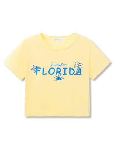 Image of Dvenki Girls Graphics Crop Short Sleeve Crewneck Tee Size 6-18 | soft cotton blend fabric, cropped short hem, fun graphic print, casual summer tops for school and vacation