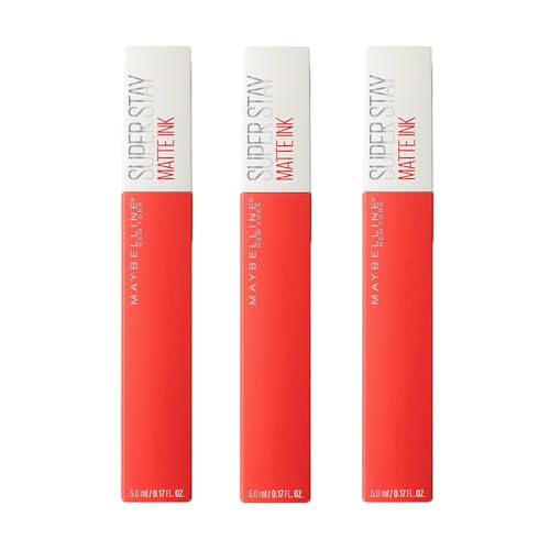 3 x Maybelline Superstay Matte Ink Pintalabios Mate Larga Duración Tono 25 Heroine Color Naranja