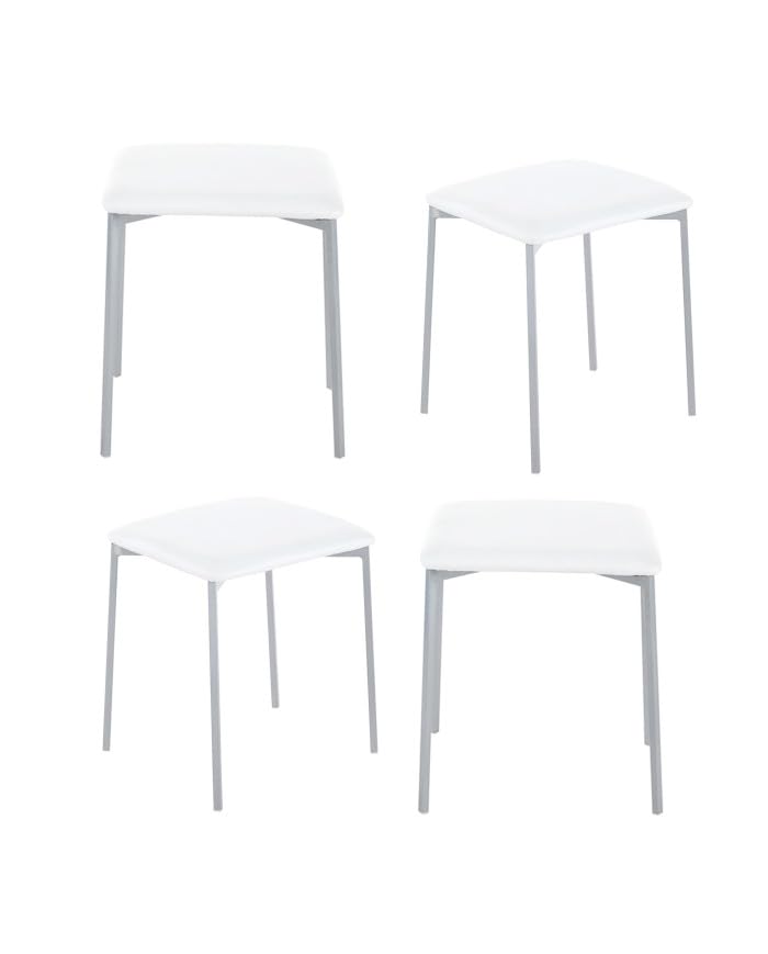 Home Heavenly® Pack 4 Taburetes Bajos Inya – Asiento Acolchado en PVC Blanco – Estructura Metálica Acabado Aluminio – 35x35x47 cm – Taburetes Compactos para Cocina, Terraza Camping, Bar, Color Blanco