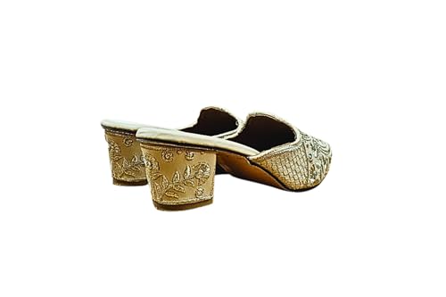 Image of Women's Golden Zari Work Block Heel Shoes | Handcrafted Ethnic Slip-On Footwear for Wedding & Parties