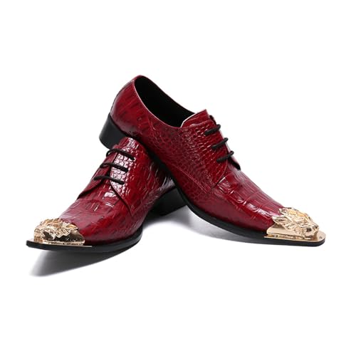 Men's Leather Shoes, Red Plaid Metal tip Men's Dress Lace-Up Shoes, Barber Host Nightclub Stage Wedding Party Banquet Prom Uniform Office Work Shoes3
