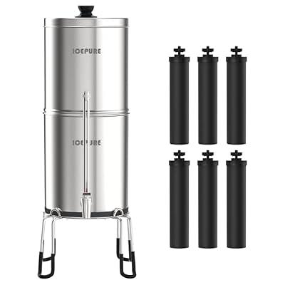 ICEPURE Gravity-fed Water Filter System, 2.35G Stainless-Steel 304 Countertop Filter System with 6 Black Carbon Filters, Providing Clean&Clear&Fresh Water, Used for Camping, RVing, Emergencies, Home