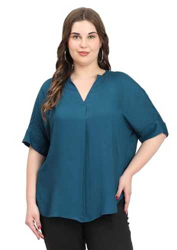 Image of SINDOORI Relaxed Fit Tops for Women Plus Size Solid Printed Mandarin Collar, Band Collar, V-Neck Top, Half Sleeve Loose Fit