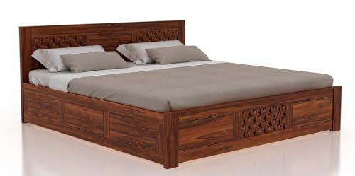 Image of Ganpati Arts Solid Sheesham Wood Queen Size Raj Bed with Box Storage | Wooden Double Bed Cot Palang Fruniture for Bedroom Living Room and Home (Natural Finish) 1 Year Warranty