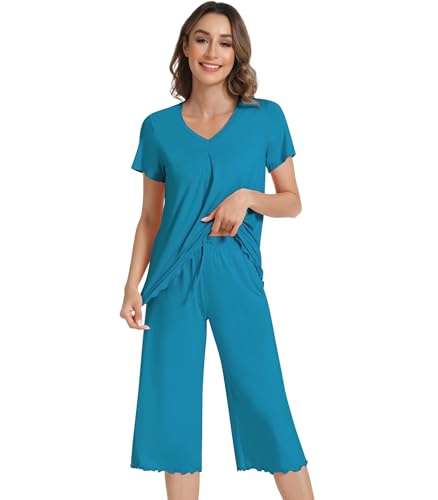 Image of NACHILA Women's Pajama Sets Cooling Bamboo Viscose V-Neck Top & Capri Pants